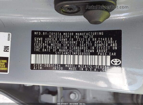5YFS4MCE1MP068900 2021 TOYOTA LL Light Blue Widok komory silnika