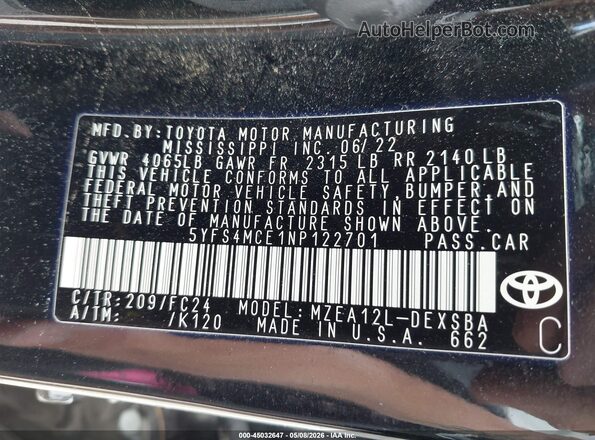 5YFS4MCE1NP122701 2022 TOYOTA LL Black 