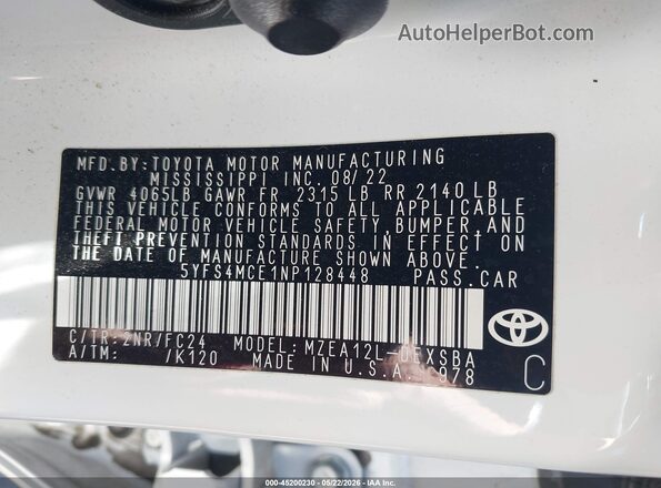 5YFS4MCE1NP128448 2022 TOYOTA COROLLA White 