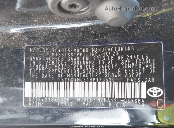 5YFS4MCE1RP173539 2024 TOYOTA LL Black ძრავის განყოფილების ხედი