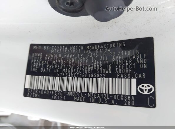 5YFS4MCE1RP185822 2024 TOYOTA LL White Widok komory silnika
