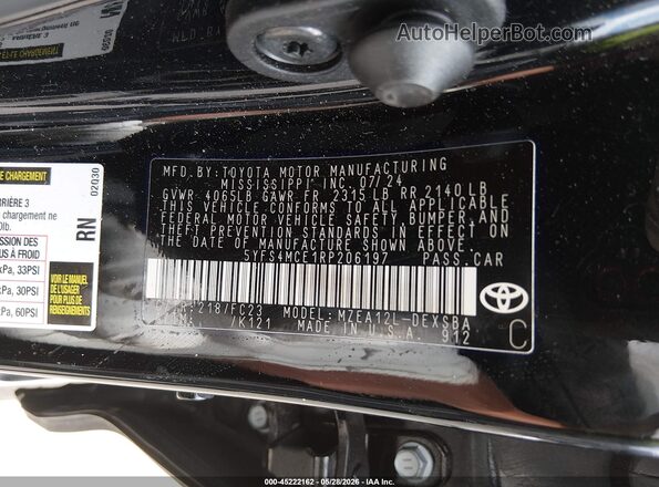 5YFS4MCE1RP206197 2024 TOYOTA COROLLA Black ძრავის განყოფილების ხედი