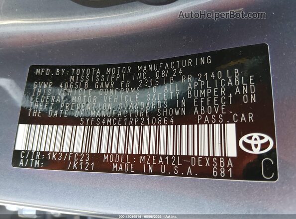 5YFS4MCE1RP210864 2024 TOYOTA LL Blue Շարժիչի բաժամունքի տեսք