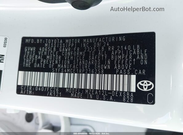 5YFS4MCE1RP216258 2024 TOYOTA LL White Вид підкапотного простору