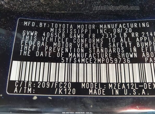 5YFS4MCE2MP059736 2021 TOYOTA LL Black Vista del compartimento del motor