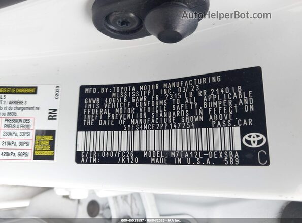 5YFS4MCE2PP147254 2023 TOYOTA LL White Շարժիչի բաժամունքի տեսք