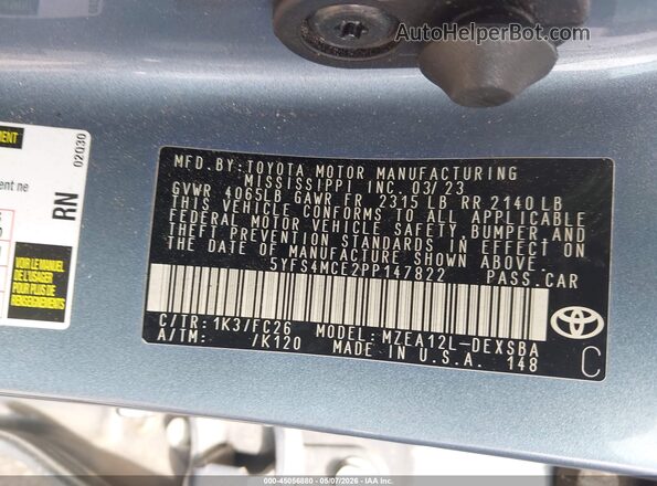 5YFS4MCE2PP147822 2023 TOYOTA LL Blue Widok komory silnika