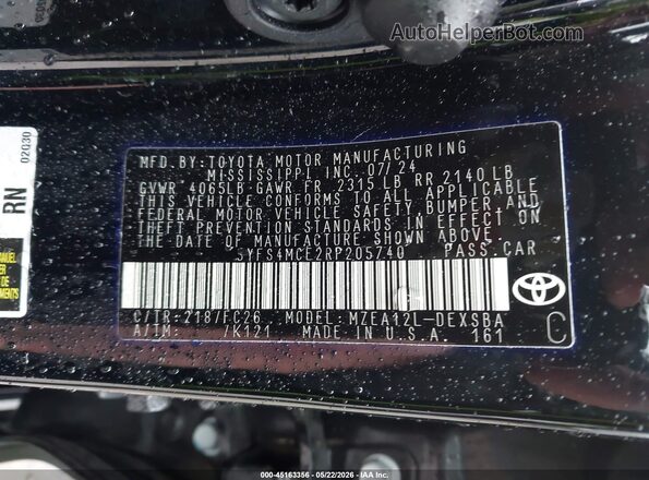 5YFS4MCE2RP205740 2024 TOYOTA COROLLA Black Շարժիչի բաժամունքի տեսք