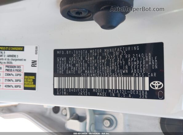 5YFS4MCE2TP256615 2026 TOYOTA COROLLA White Engine compartment view