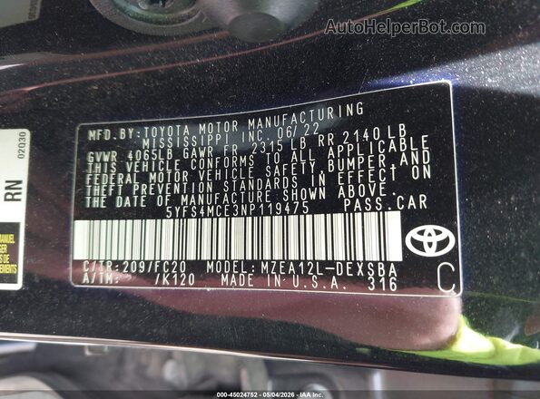 5YFS4MCE3NP119475 2022 TOYOTA LL Black ძრავის განყოფილების ხედი