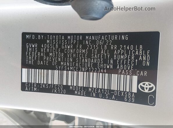 5YFS4MCE3NP122344 2022 TOYOTA LL Silver 