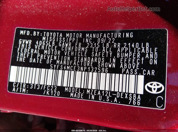5YFS4MCE3NP132596 2022 TOYOTA COROLLA Red Շարժիչի բաժամունքի տեսք