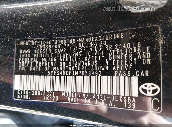 5YFS4MCE4MP073492 2021 TOYOTA COROLLA Black Vista del compartimento del motor