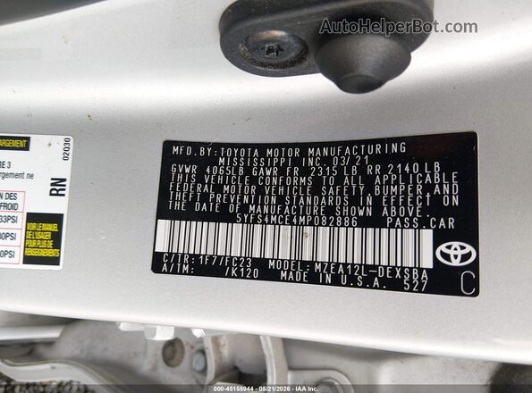 5YFS4MCE4MP082886 2021 TOYOTA COROLLA Gray Engine compartment view