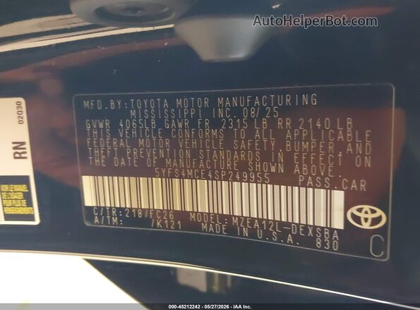 5YFS4MCE4SP249955 2025 TOYOTA COROLLA Черный Вид подкапотного пространства