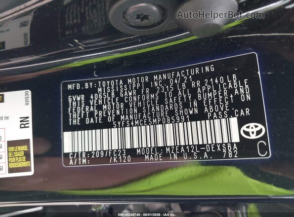 5YFS4MCE5MP085991 2021 TOYOTA COROLLA Black Вид підкапотного простору