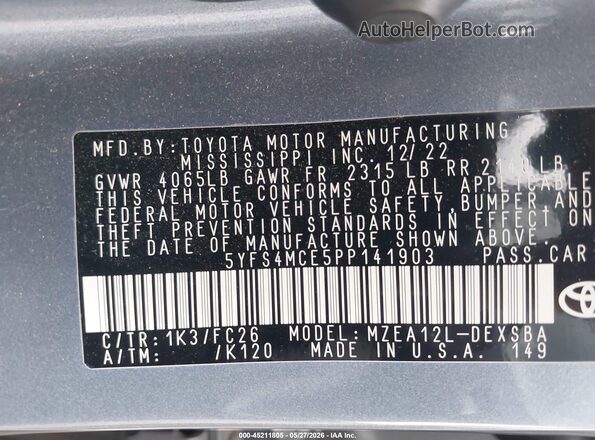5YFS4MCE5PP141903 2023 TOYOTA COROLLA Gray Engine compartment view