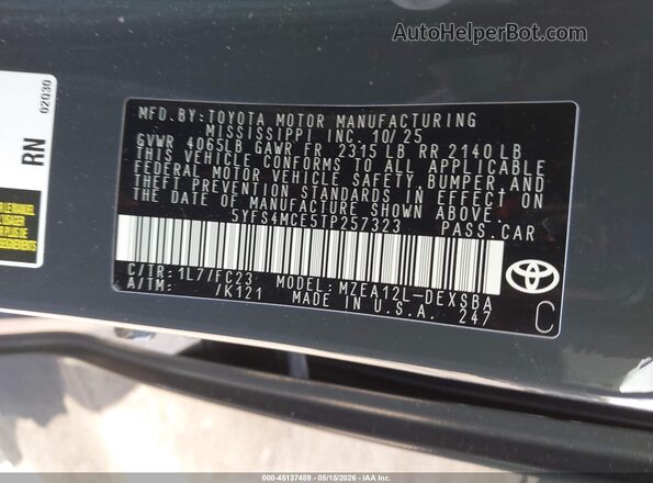 5YFS4MCE5TP257323 2026 TOYOTA COROLLA Gray Widok komory silnika
