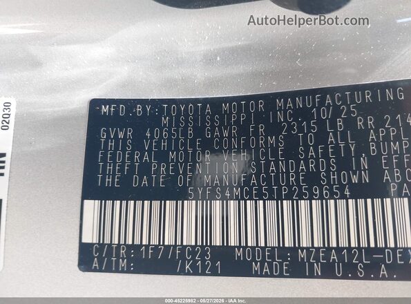 5YFS4MCE5TP259654 2026 TOYOTA COROLLA Gray 