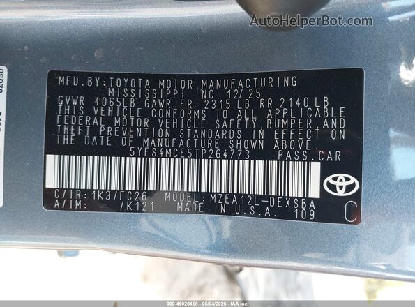 5YFS4MCE5TP264773 2026 TOYOTA LL Light Blue Вид подкапотного пространства