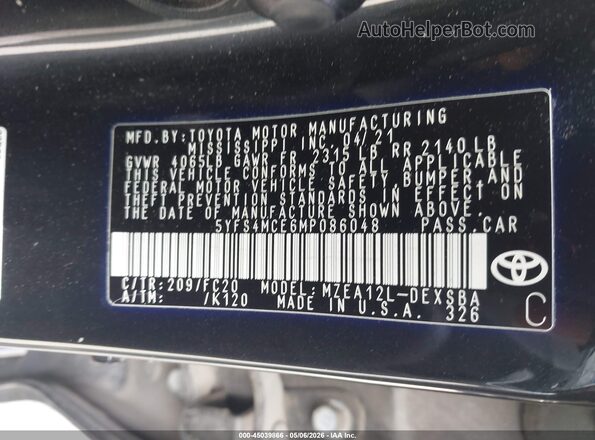 5YFS4MCE6MP086048 2021 TOYOTA LL Black Engine compartment view