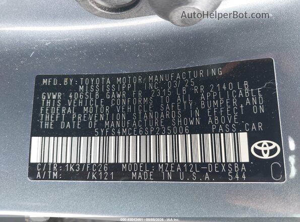 5YFS4MCE6SP235006 2025 TOYOTA LL Gray Engine compartment view