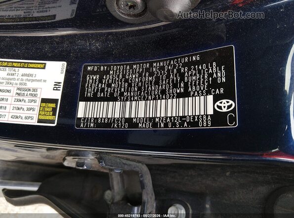 5YFS4MCE7NP114022 2022 TOYOTA COROLLA Blue Вид підкапотного простору
