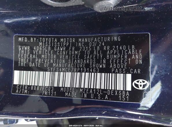 5YFS4MCE7RP191463 2024 TOYOTA COROLLA Dark Blue Շարժիչի բաժամունքի տեսք