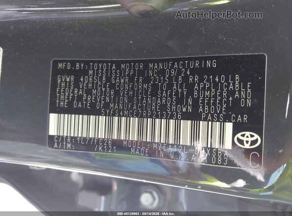 5YFS4MCE7RP213736 2024 TOYOTA COROLLA Gray Շարժիչի բաժամունքի տեսք