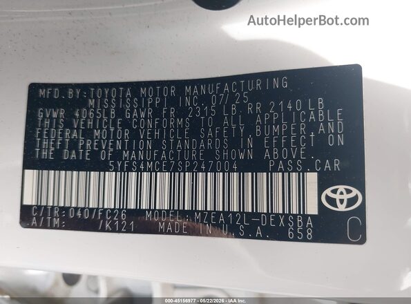 5YFS4MCE7SP247004 2025 TOYOTA COROLLA White Շարժիչի բաժամունքի տեսք