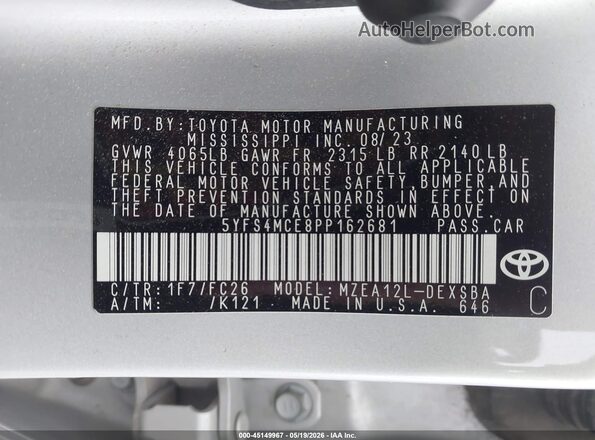 5YFS4MCE8PP162681 2023 TOYOTA COROLLA Silver Вид підкапотного простору