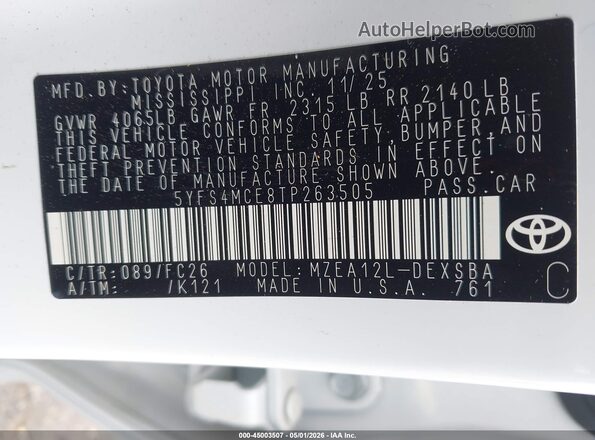 5YFS4MCE8TP263505 2026 TOYOTA LL White Вид підкапотного простору
