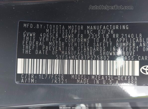 5YFS4MCE8TP275802 2026 TOYOTA COROLLA Black Vista del compartimento del motor