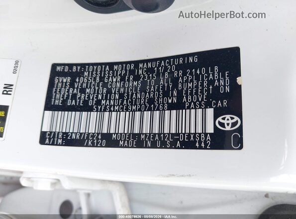 5YFS4MCE9MP071768 2021 TOYOTA LL Белый Вид подкапотного пространства