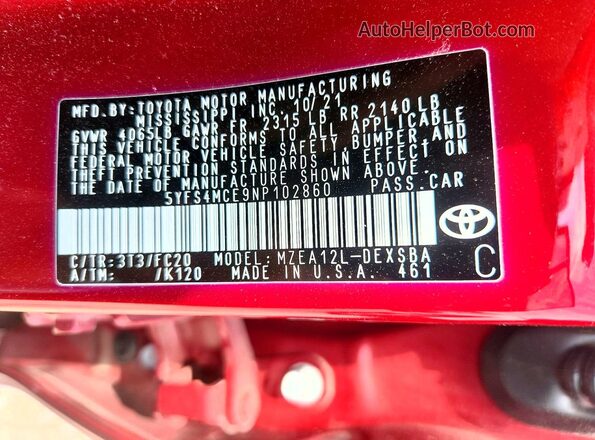5YFS4MCE9NP102860 2022 TOYOTA COROLLA Red Engine compartment view