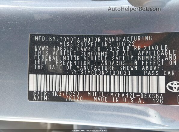 5YFS4MCE9NP109033 2022 TOYOTA LL Синий Вид подкапотного пространства