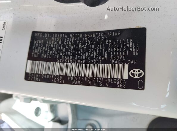 5YFS4MCE9RP182201 2024 TOYOTA COROLLA White Շարժիչի բաժամունքի տեսք