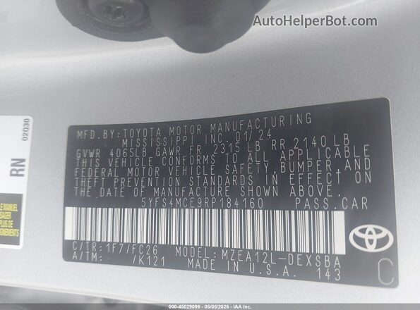 5YFS4MCE9RP184160 2024 TOYOTA LL Silver ძრავის განყოფილების ხედი