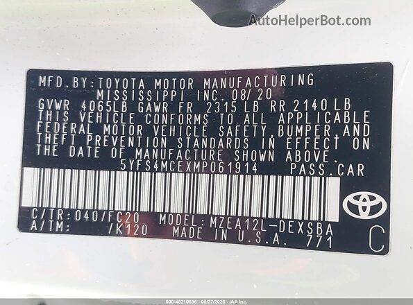 5YFS4MCEXMP061914 2021 TOYOTA COROLLA White Вид підкапотного простору