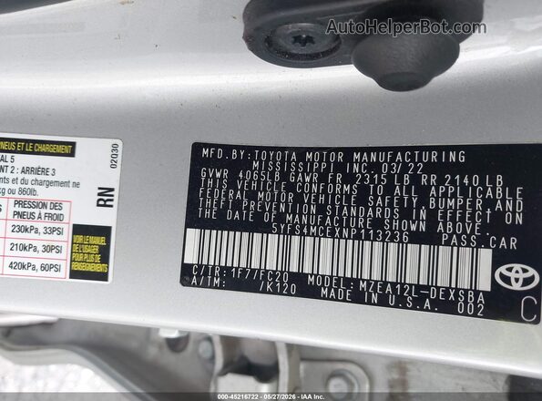 5YFS4MCEXNP113236 2022 TOYOTA COROLLA Silver Engine compartment view