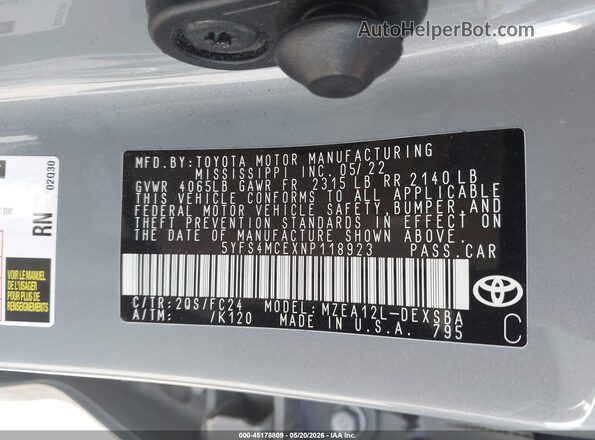 5YFS4MCEXNP118923 2022 TOYOTA COROLLA Gray Engine compartment view