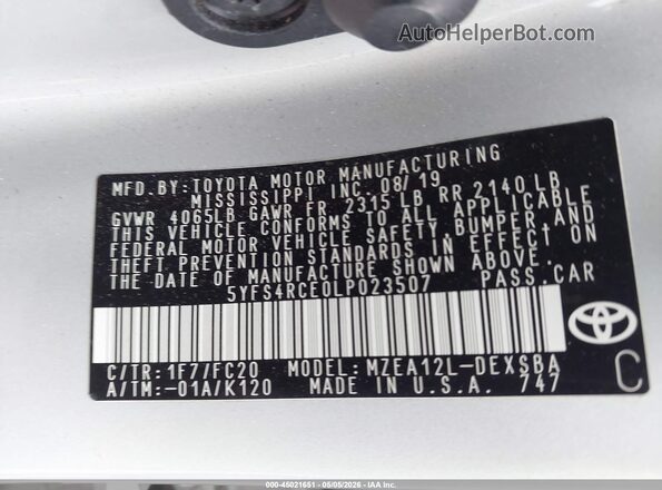 5YFS4RCE0LP023507 2020 TOYOTA LL Silver Vista del compartimento del motor
