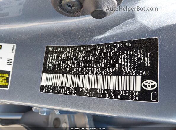5YFS4RCE0LP051999 2020 TOYOTA COROLLA Blue Вид підкапотного простору