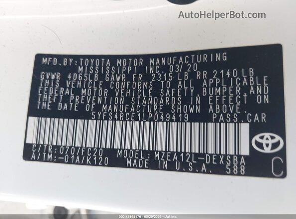 5YFS4RCE1LP049419 2020 TOYOTA COROLLA White 
