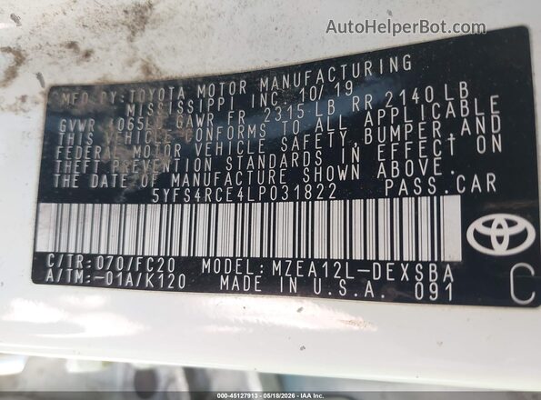 5YFS4RCE4LP031822 2020 TOYOTA COROLLA White 