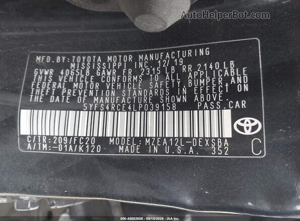 5YFS4RCE4LP039158 2020 TOYOTA COROLLA Черный Вид подкапотного пространства