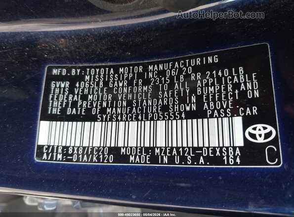 5YFS4RCE4LP055554 2020 TOYOTA LL Blue Շարժիչի բաժամունքի տեսք
