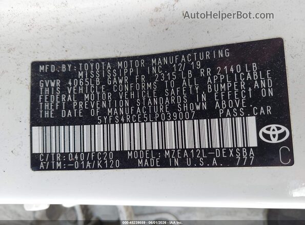 5YFS4RCE5LP039007 2020 TOYOTA COROLLA Белый Вид подкапотного пространства