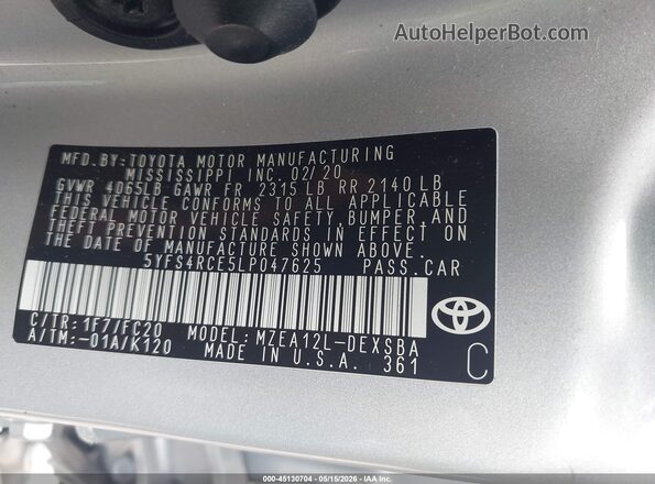5YFS4RCE5LP047625 2020 TOYOTA COROLLA Silver Engine compartment view