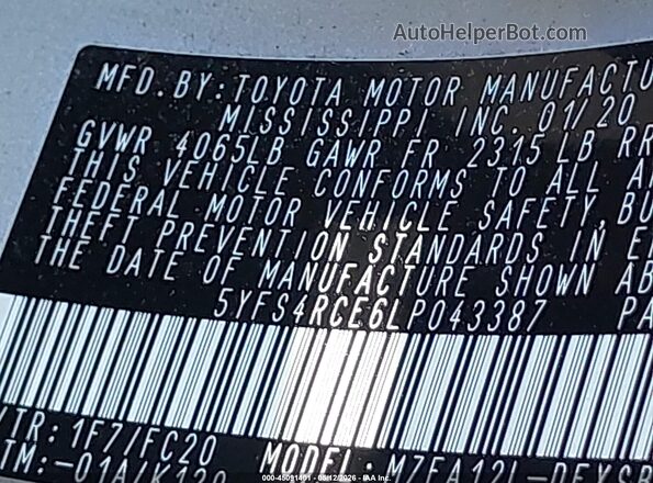 5YFS4RCE6LP043387 2020 TOYOTA LL Silver Vista del compartimento del motor